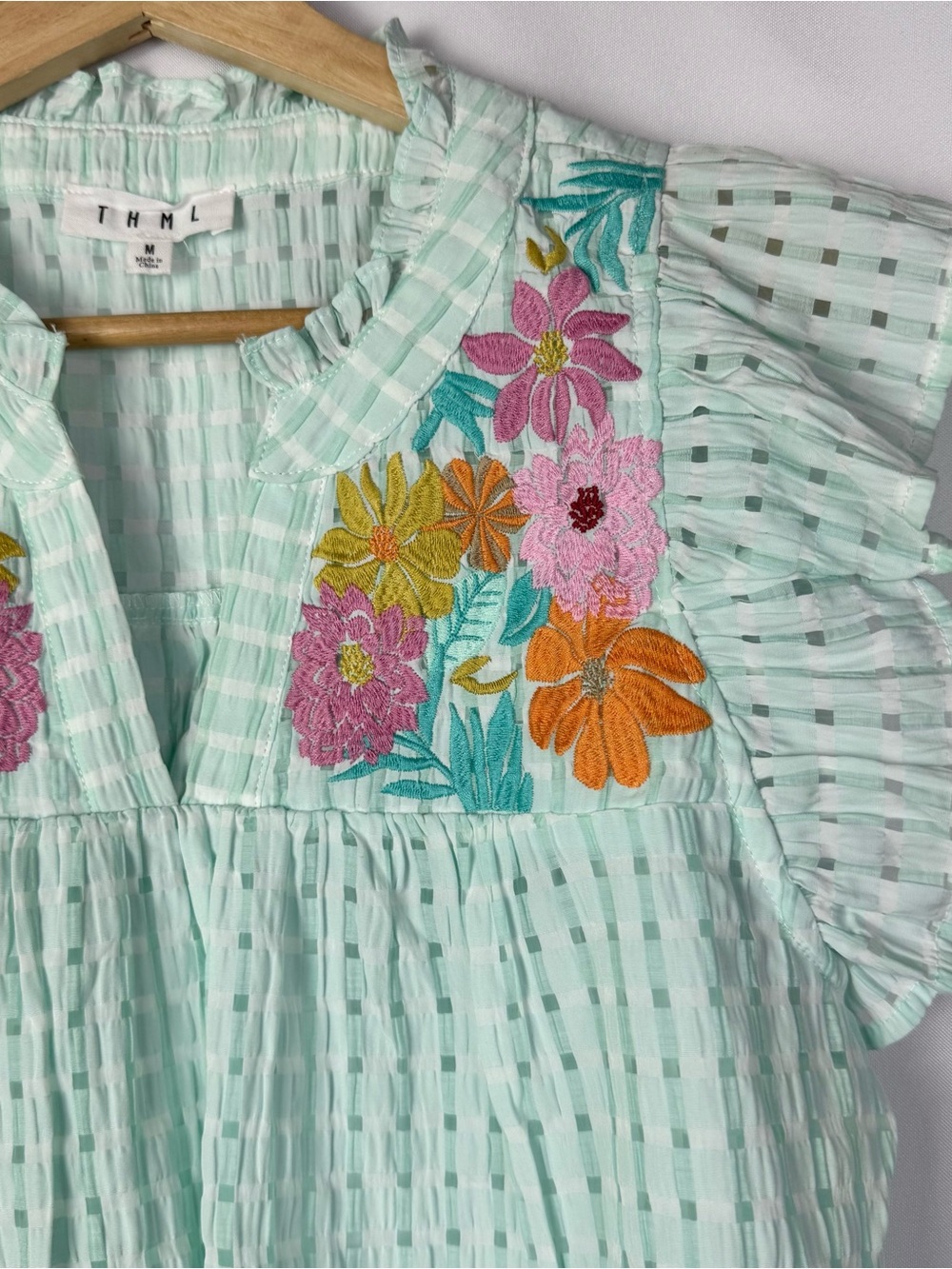 THML Mint Green Floral Embroidered Flutter Short Sleeve Top M - Picture 3 of 3